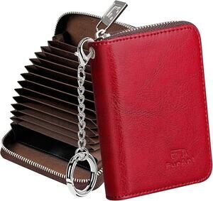 Wallet, RFID Blocking, Cash Credit Business Card Slots Zipper Keychain (Red)